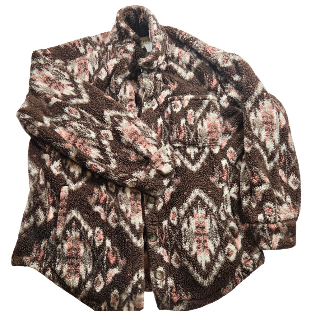 Natural Reflections Sherpa Fleece Shacket XL Brown Pink Southwestern Pattern